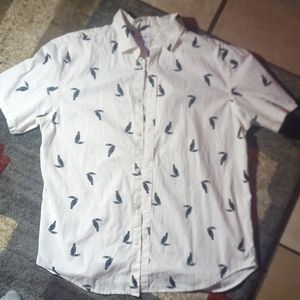 White and black toucan button down shirt